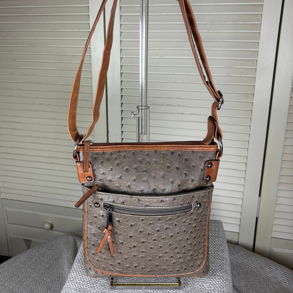 Mondani NY Taupe Ostrich Embossed Crossbody Bag Cognac Trim Multi-Pocket Purse